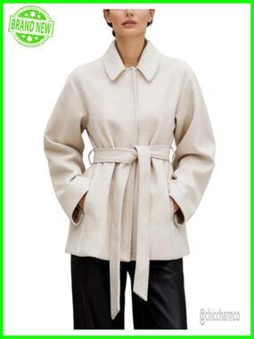 Wool Blend Short Trench Coat Belted Collared Button Front